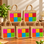 Rainbow Jute Tote Bag With Front Zipper