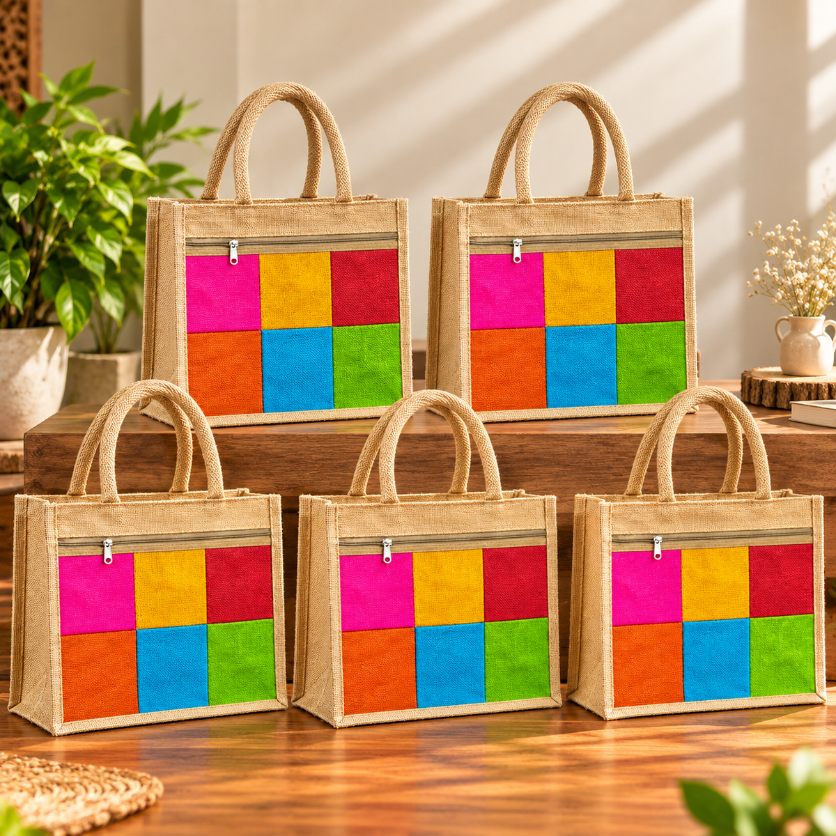 Rainbow Jute Tote Bag With Front Zipper