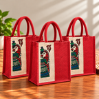 Red Jute Tote Bag with Traditional Madhubani Art Print