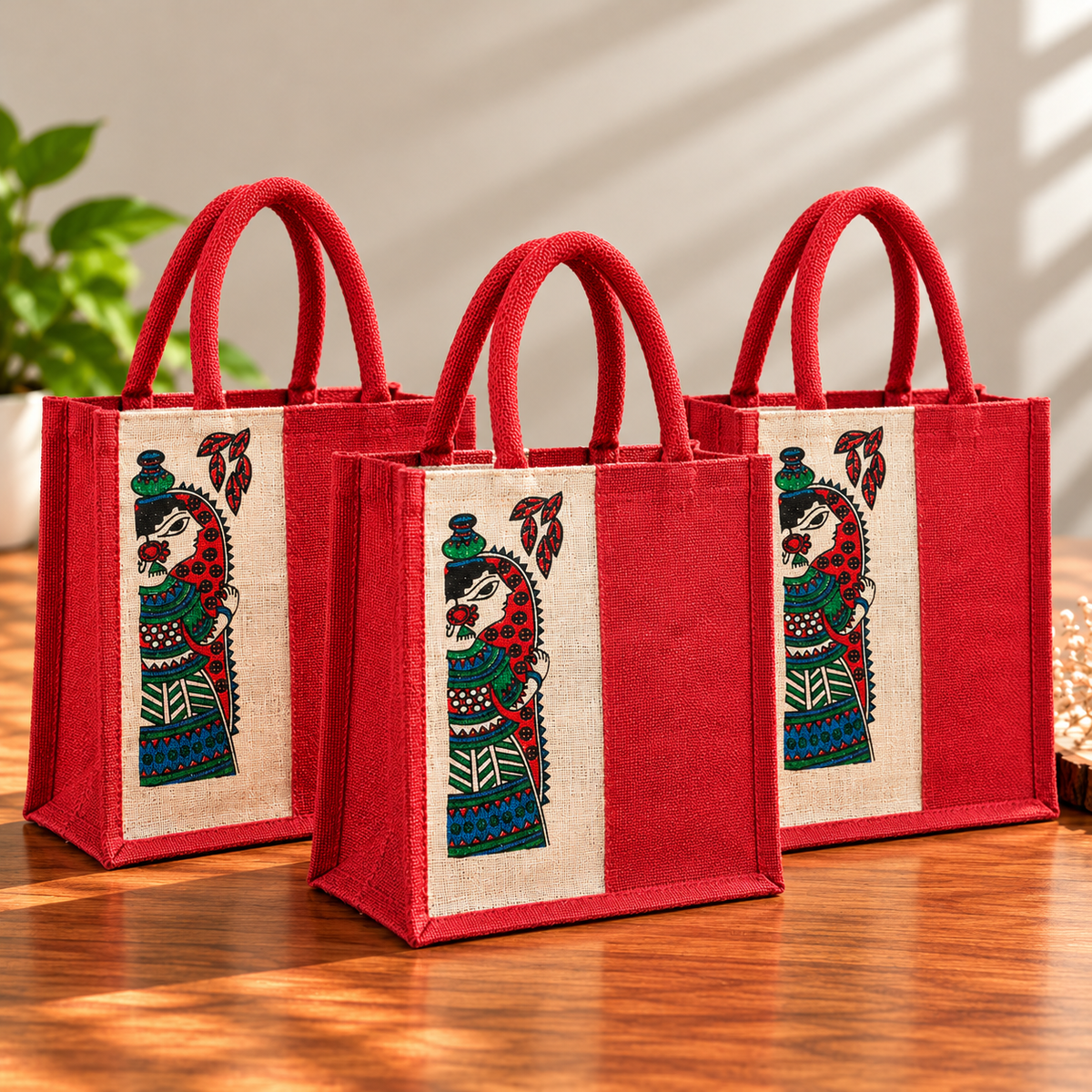 Red Jute Tote Bag with Traditional Madhubani Art Print