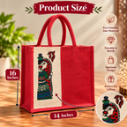 Red Jute Tote Bag with Traditional Madhubani Art Print