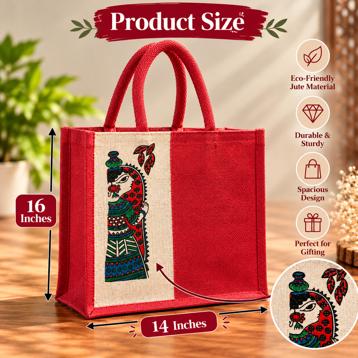 Red Jute Tote Bag with Traditional Madhubani Art Print