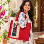 Red Jute Tote Bag with Traditional Madhubani Art Print