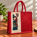 Red Jute Tote Bag with Traditional Madhubani Art Print