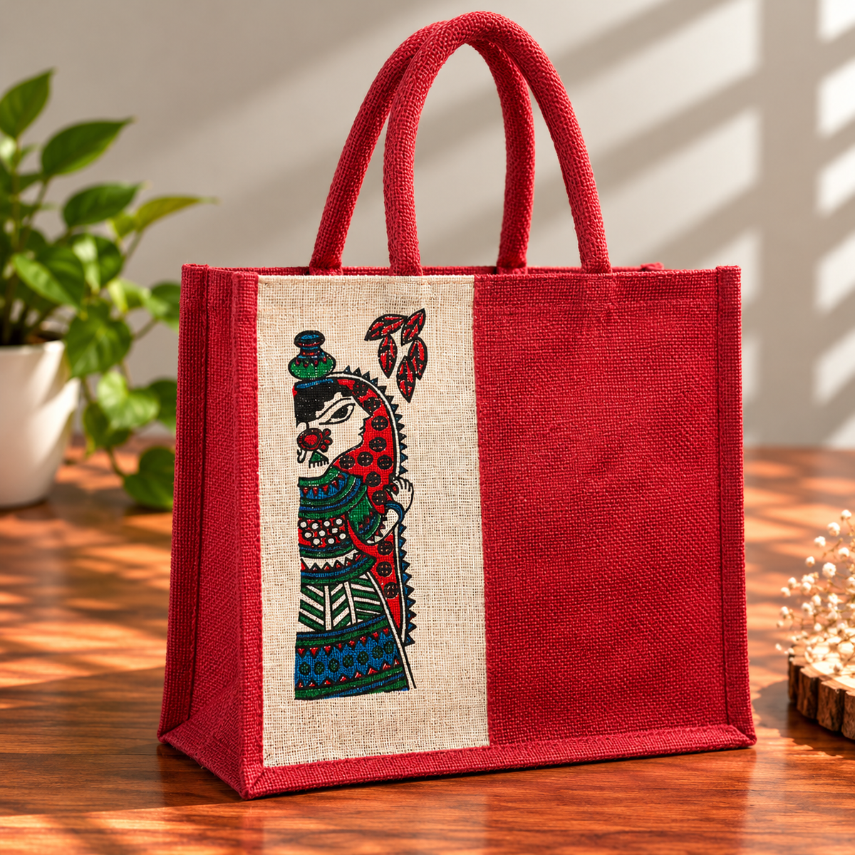 Red Jute Tote Bag with Traditional Madhubani Art Print