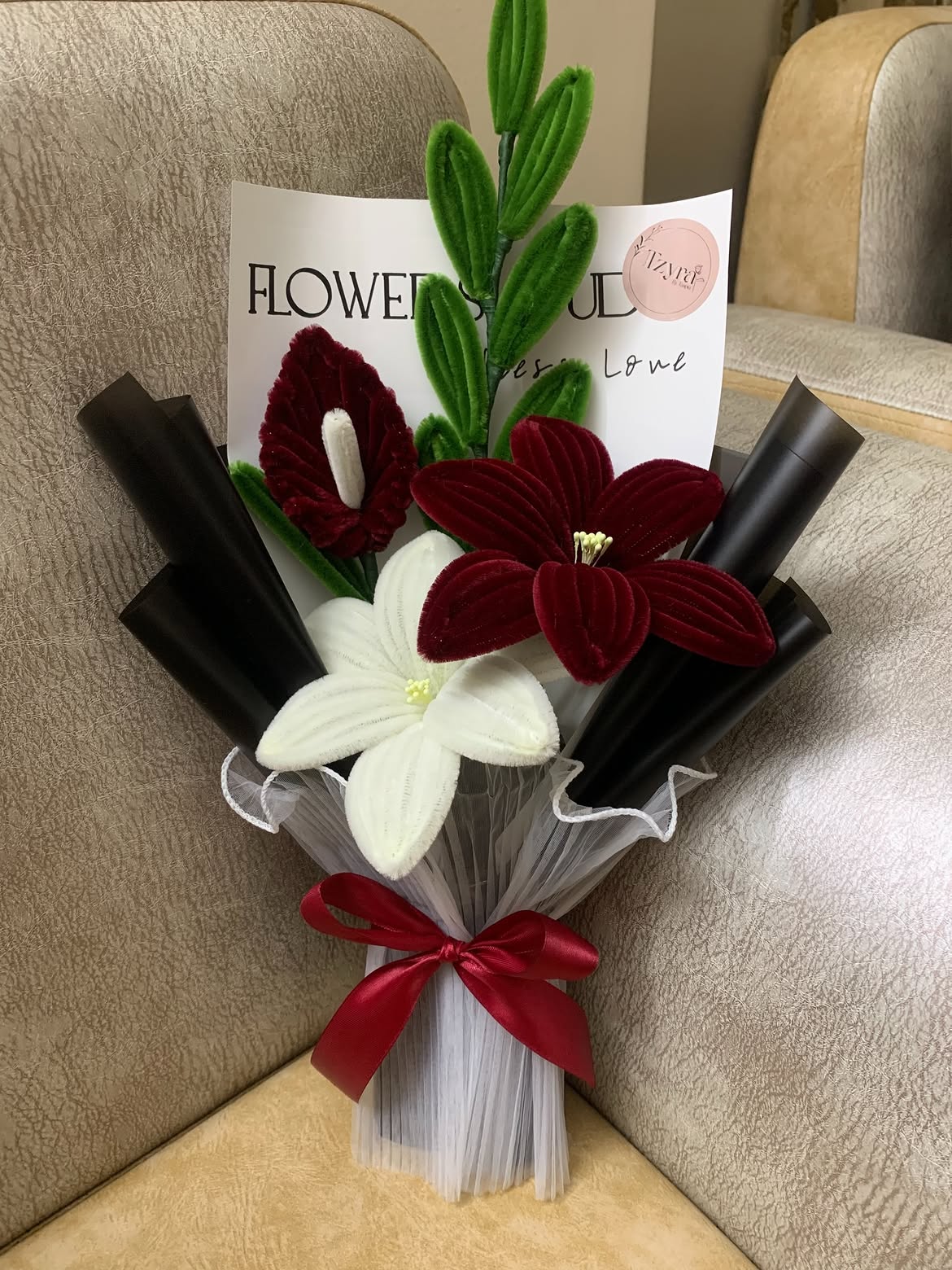 Red & White Lily Handmade Flower Bouquet