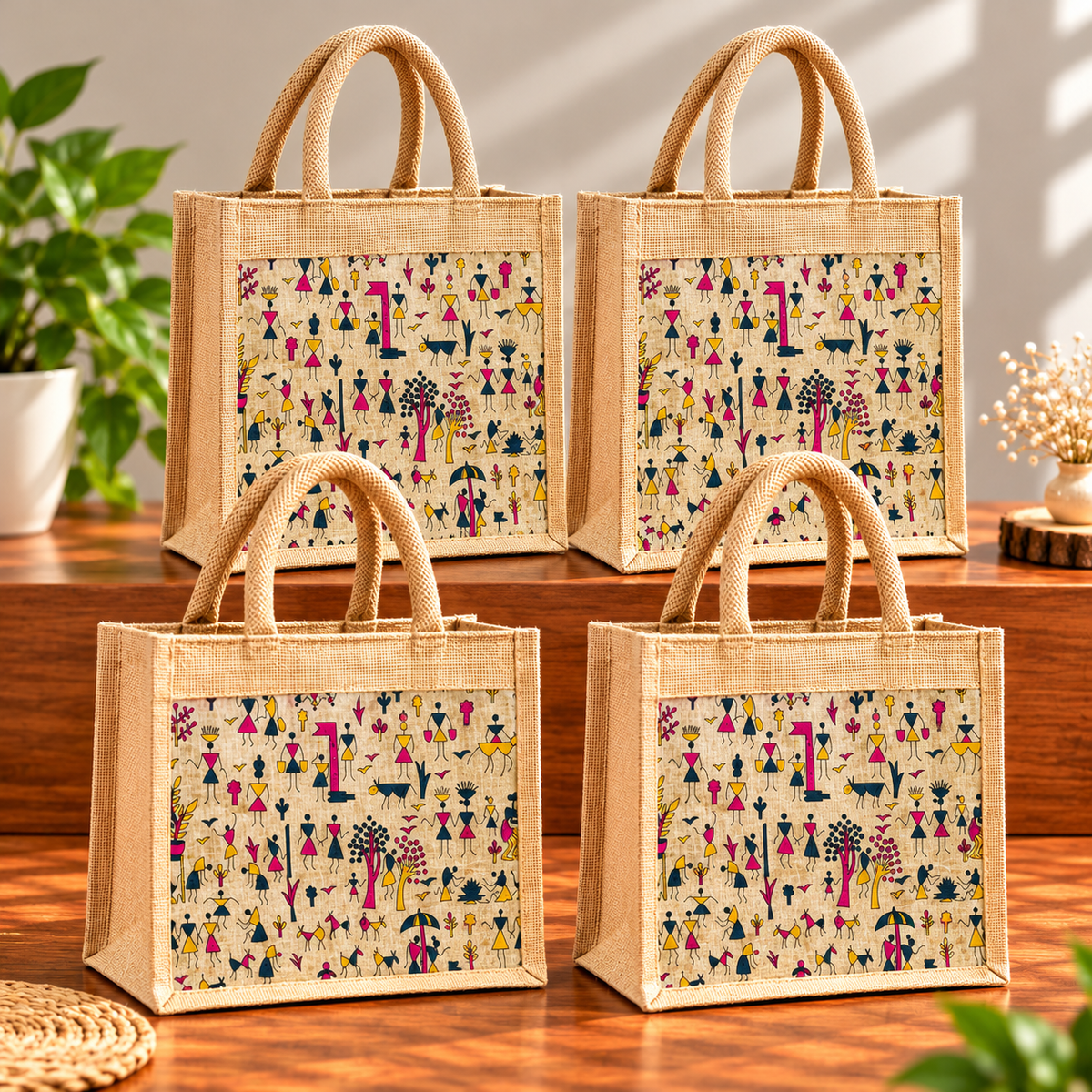 Reusable Jute Jote Bag With Colorful Tribal Artwork