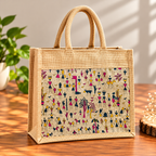 Reusable Jute Jote Bag With Colorful Tribal Artwork