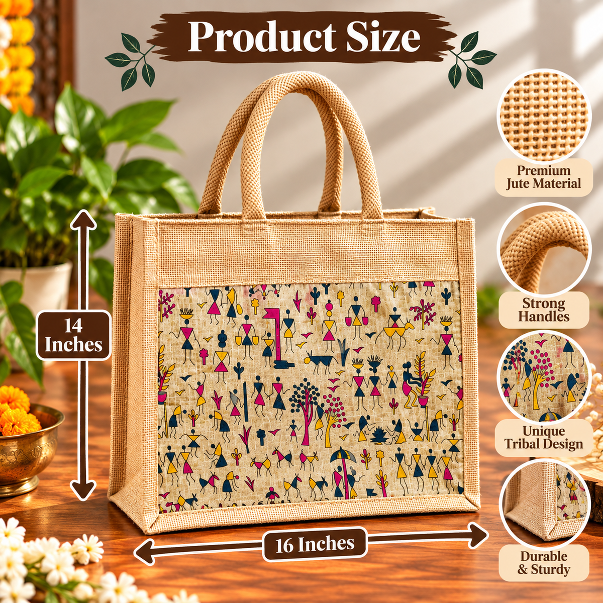 Reusable Jute Jote Bag With Colorful Tribal Artwork