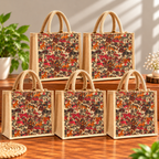 Reusable Jute Tote Bag With Traditional Folk Art Print