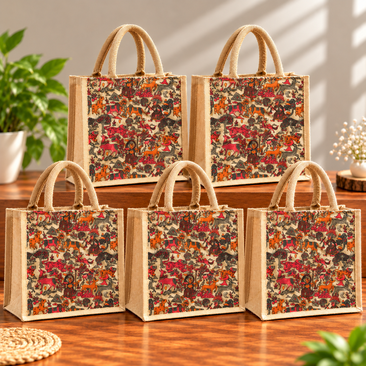 Reusable Jute Tote Bag With Traditional Folk Art Print