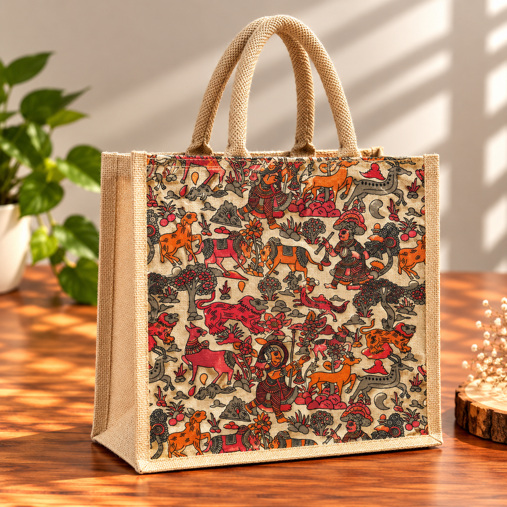 Reusable Jute Tote Bag With Traditional Folk Art Print