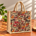 Reusable Jute Tote Bag With Traditional Folk Art Print