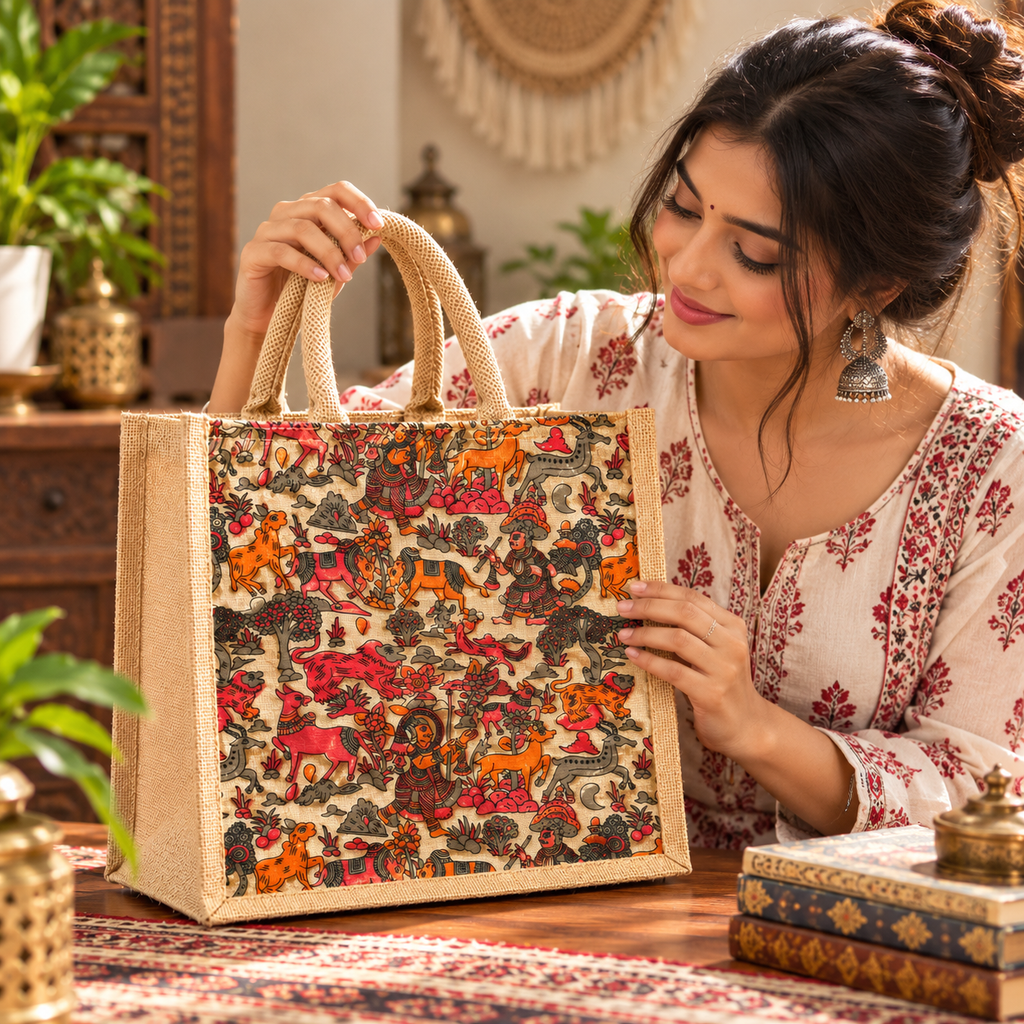 Reusable Jute Tote Bag With Traditional Folk Art Print
