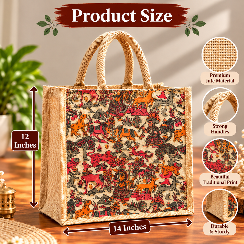 Reusable Jute Tote Bag With Traditional Folk Art Print