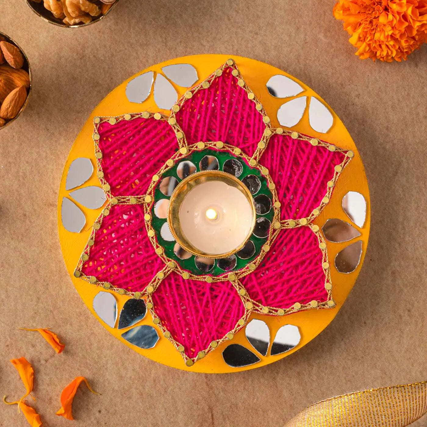 Round Shape String Art Tealight Holder With Mirror Decor