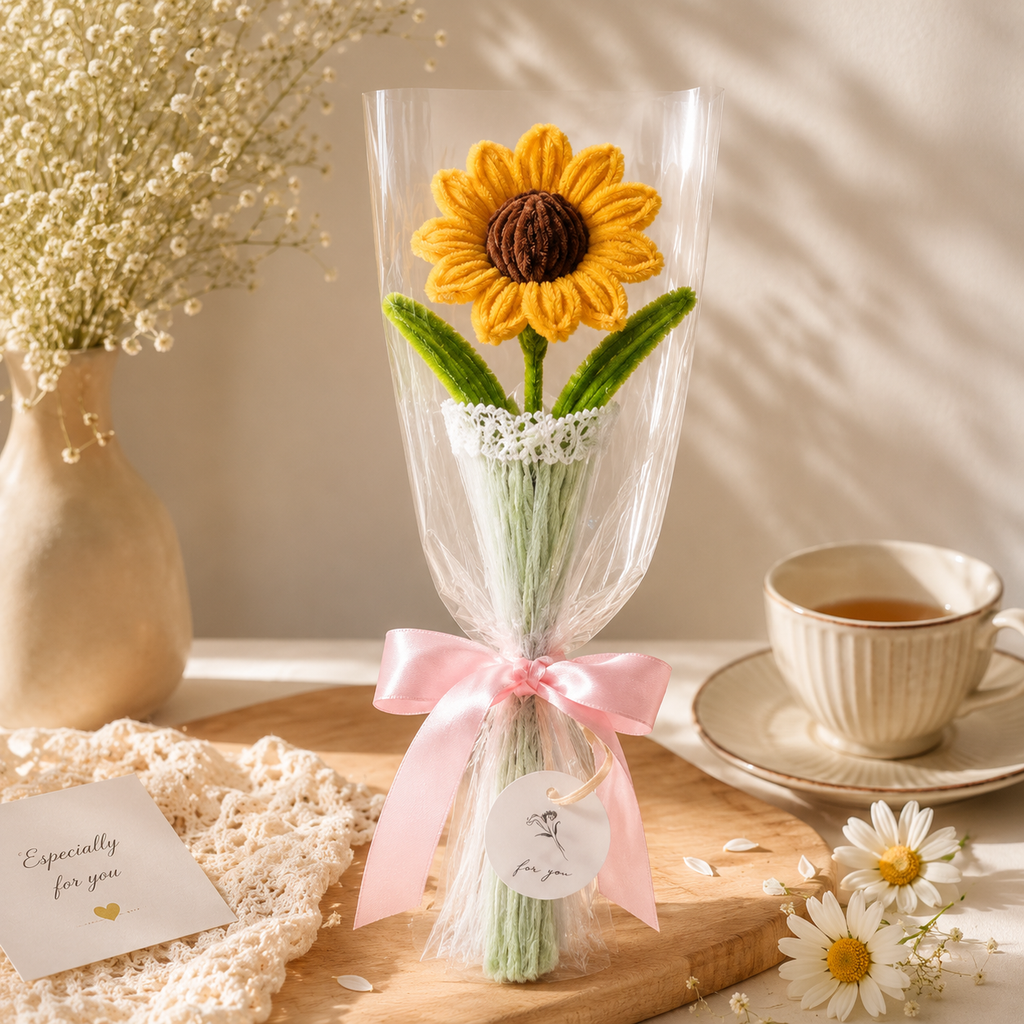 Single Everlasting Bloom Crochet Collection – Pink Lily, Yellow Bud, Sunflower & Daisy