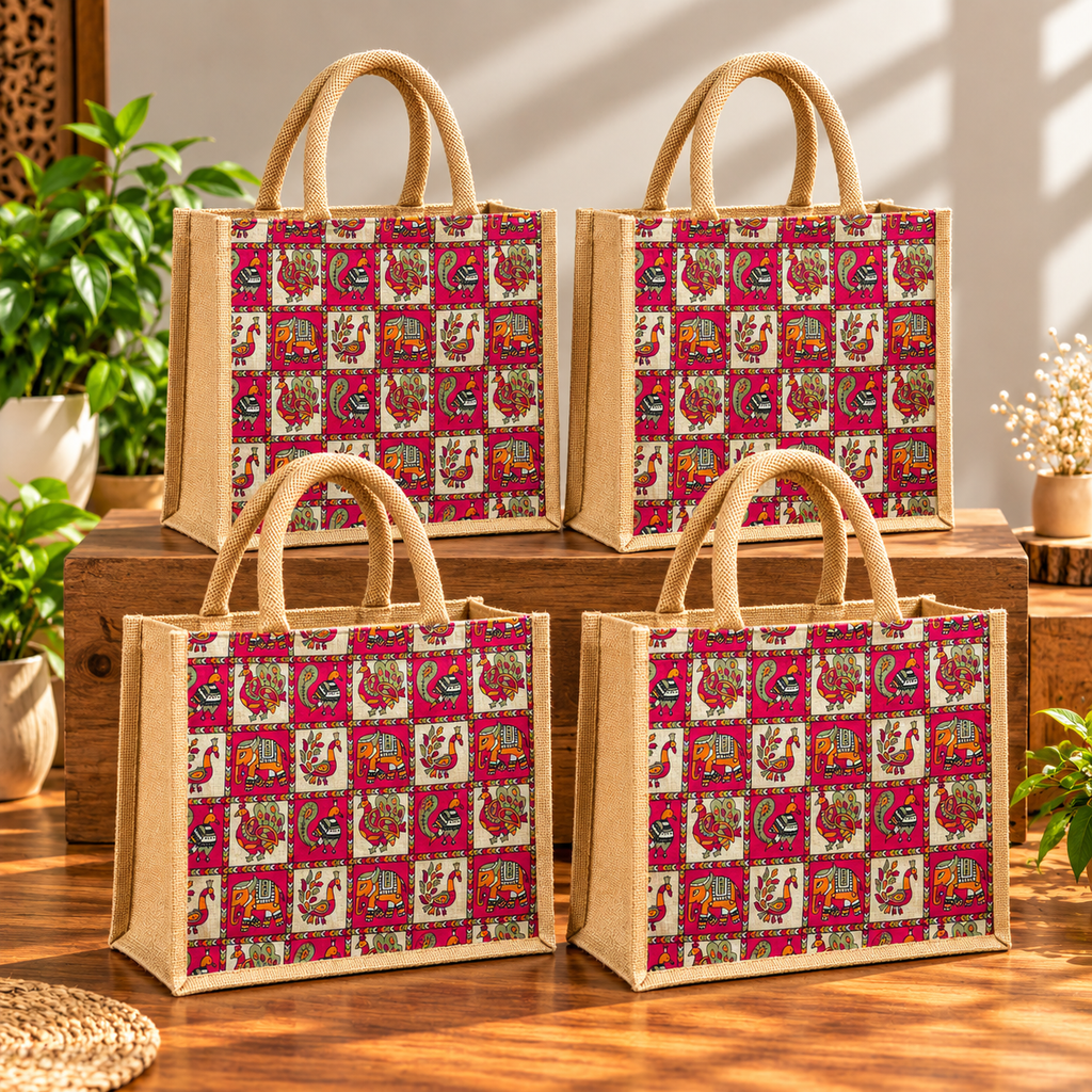 Stylish Jute Tote Bag With Vibrant Traditional Folk Art Prints