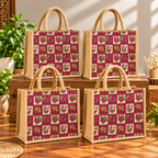 Stylish Jute Tote Bag With Vibrant Traditional Folk Art Prints