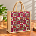 Stylish Jute Tote Bag With Vibrant Traditional Folk Art Prints