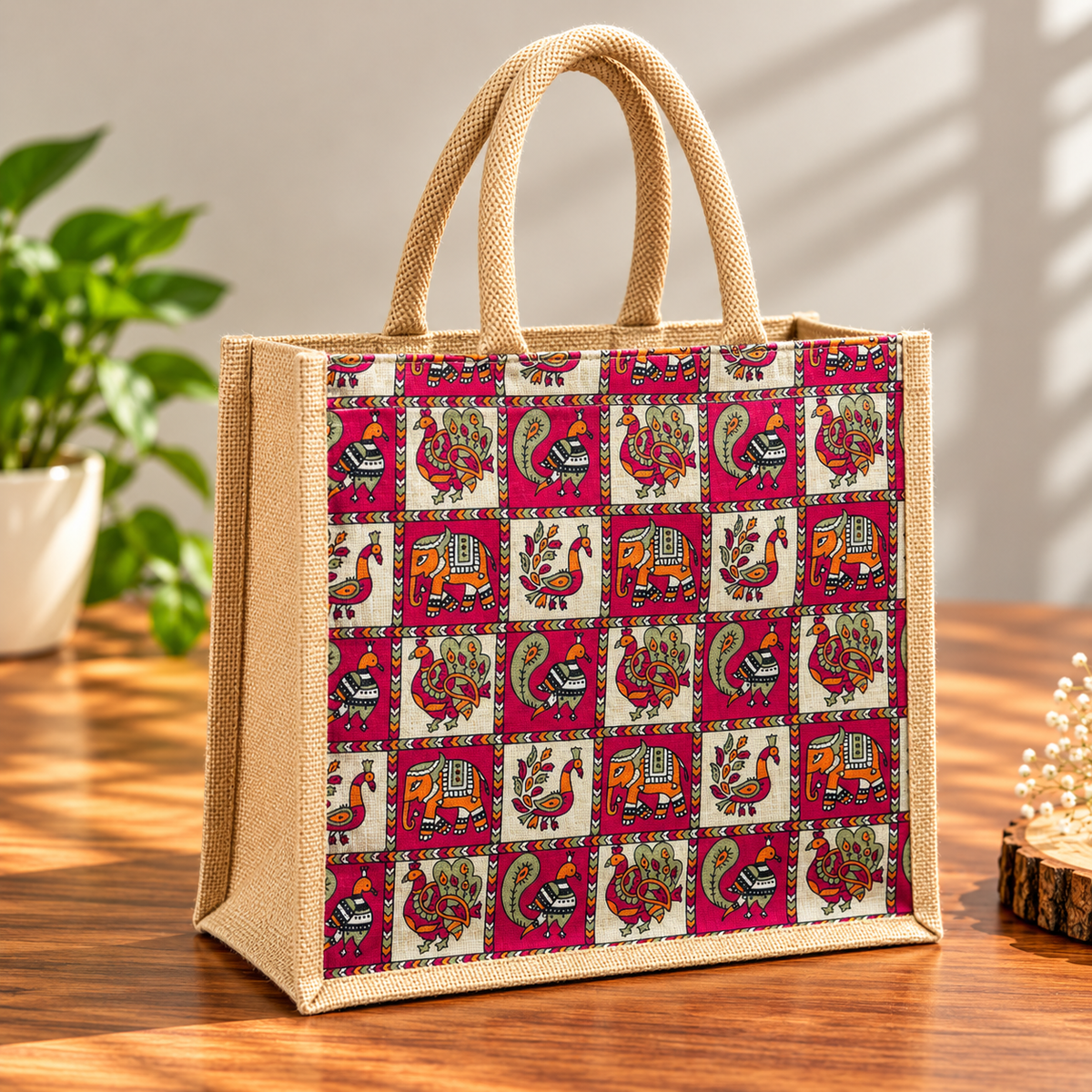 Stylish Jute Tote Bag With Vibrant Traditional Folk Art Prints