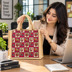 Stylish Jute Tote Bag With Vibrant Traditional Folk Art Prints