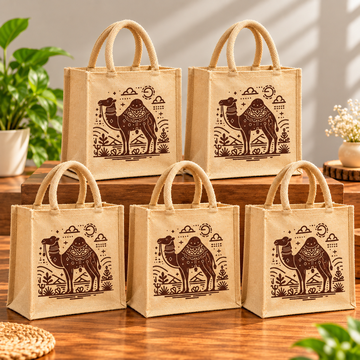 Traditional Camel Print Jute Tote Bag