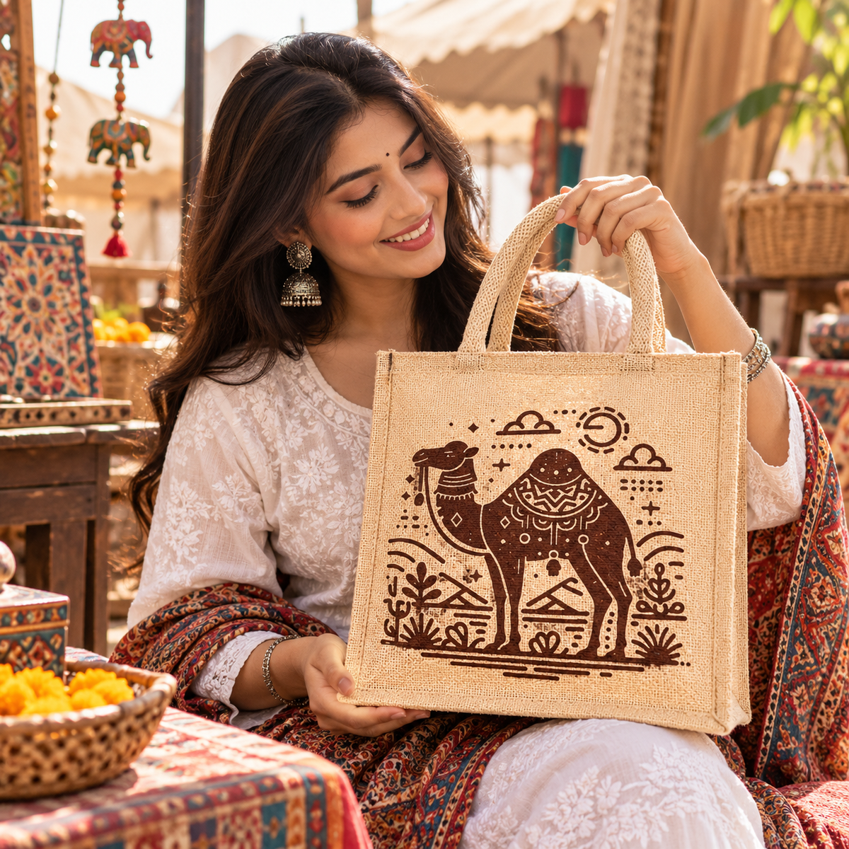 Traditional Camel Print Jute Tote Bag