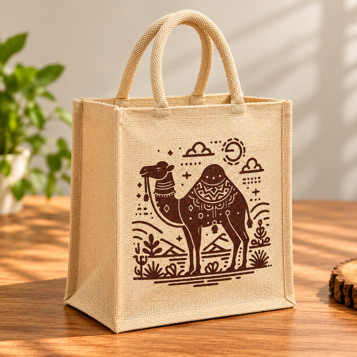 Traditional Camel Print Jute Tote Bag