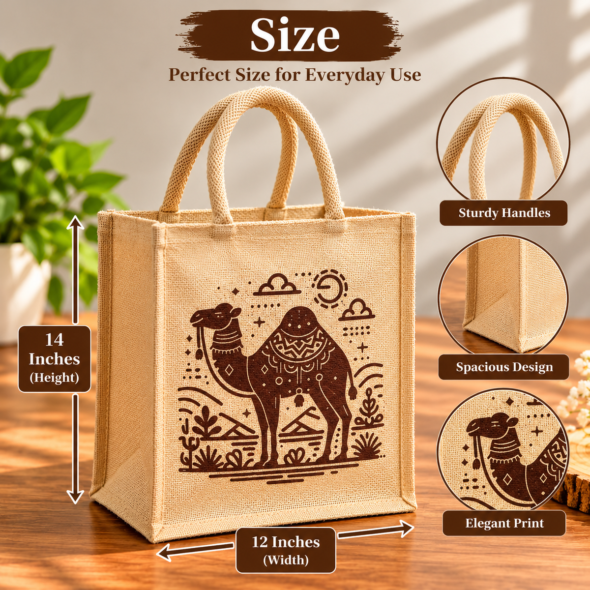 Traditional Camel Print Jute Tote Bag