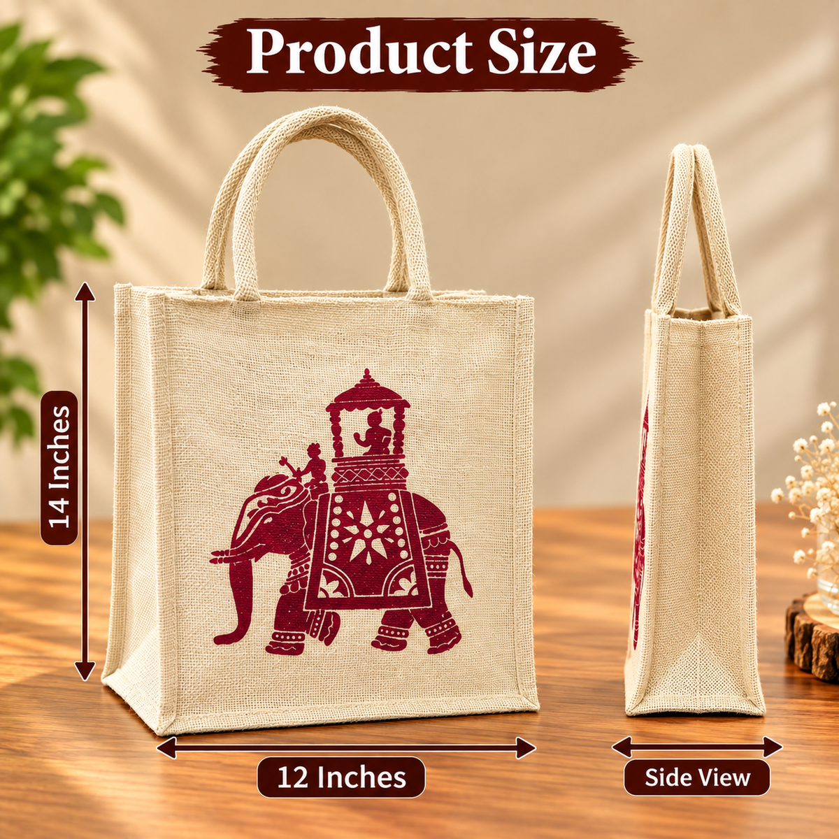 Traditional Elephant Print Jute Tote Bag