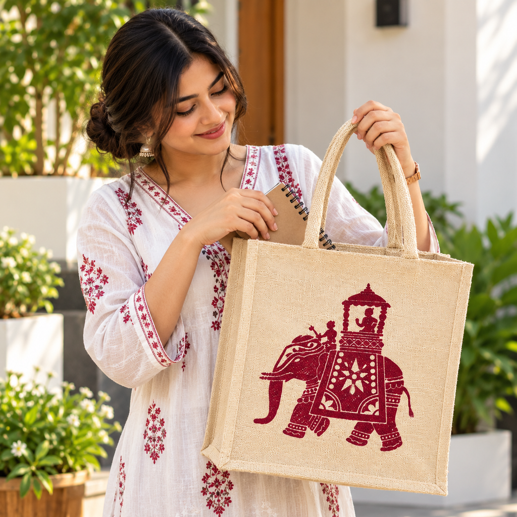 Traditional Elephant Print Jute Tote Bag