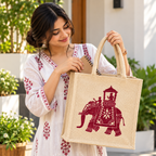 Traditional Elephant Print Jute Tote Bag