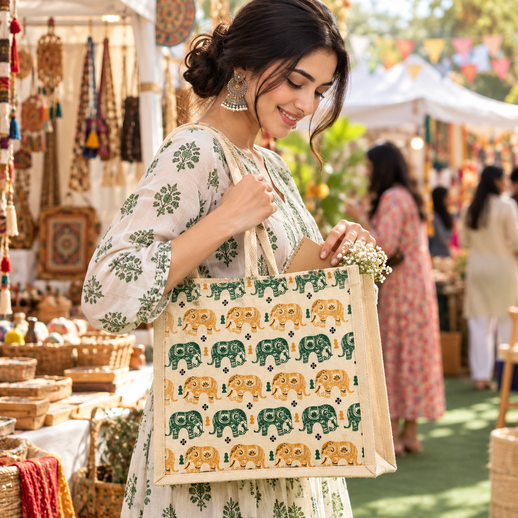 Traditional Elephant Print Tote Bag