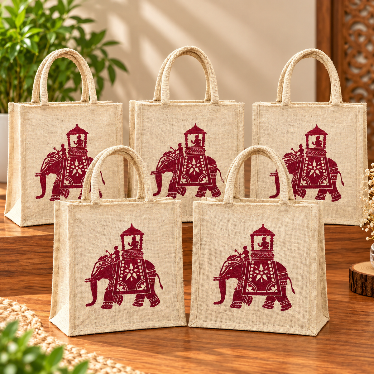 Traditional Elephant Print Jute Tote Bag