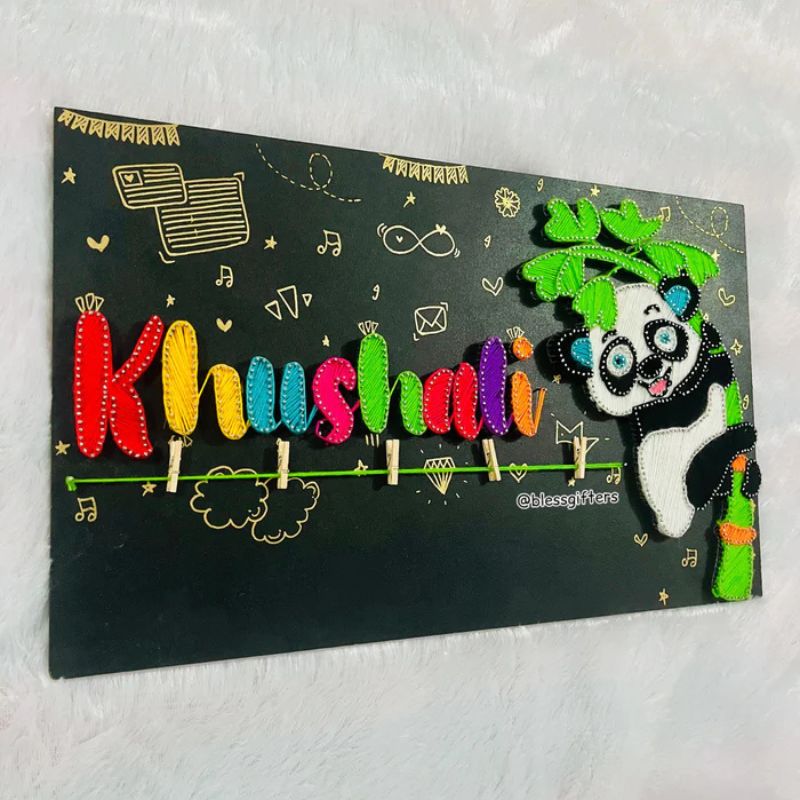 Panda Vibes – Handmade Colorful String Art Nameplate