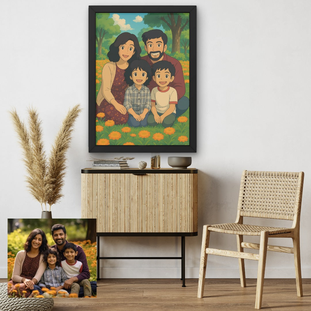 Ghibli Fantasy Custom Family Art – Frame Your Precious Memories