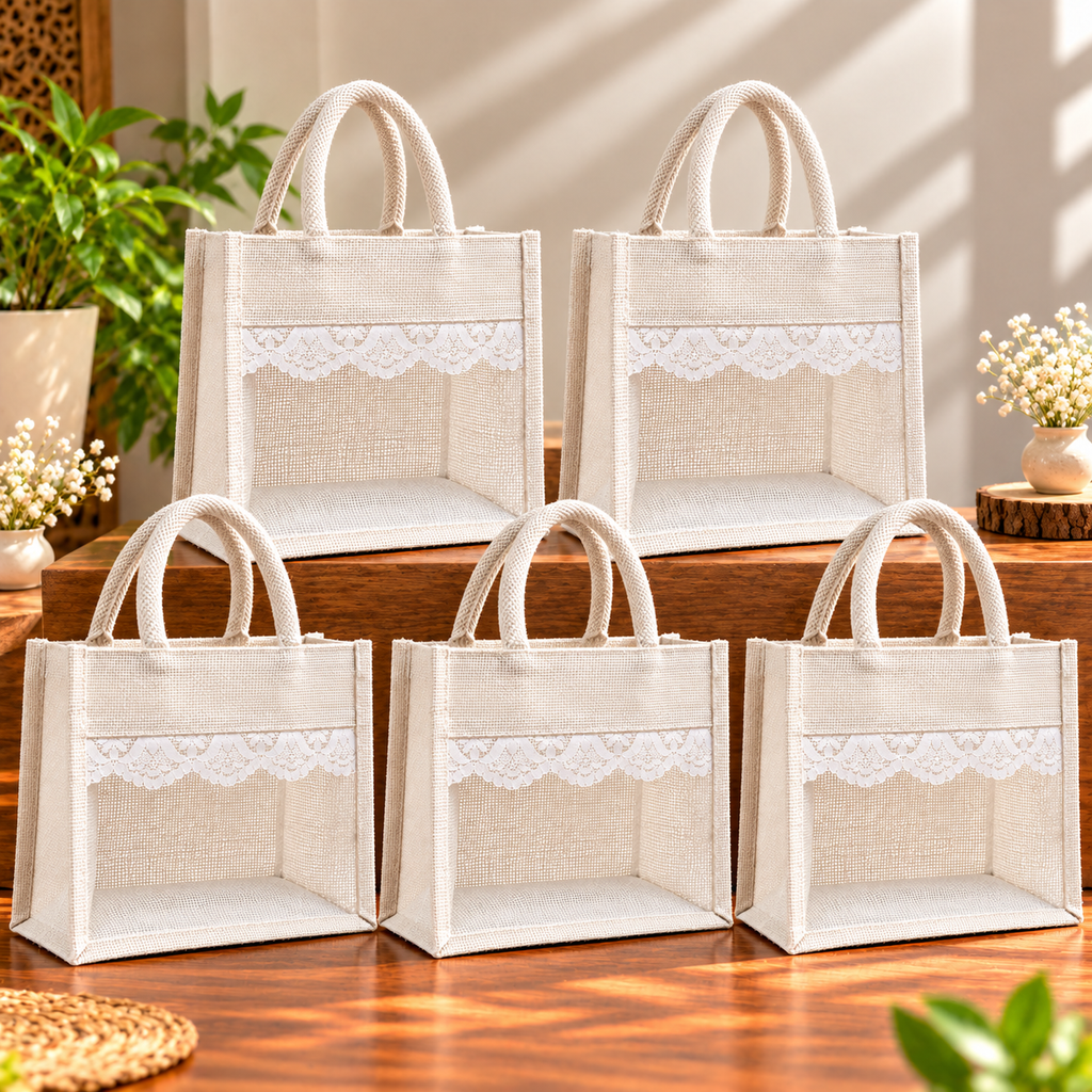White Jute Tote Bag with Elegant Lace Design / Set of 3