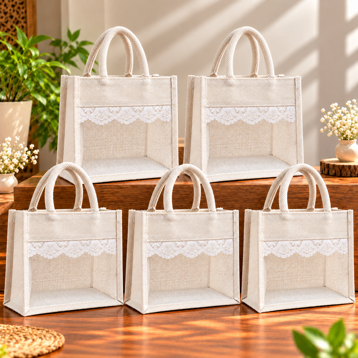 White Jute Tote Bag with Elegant Lace Design / Set of 3