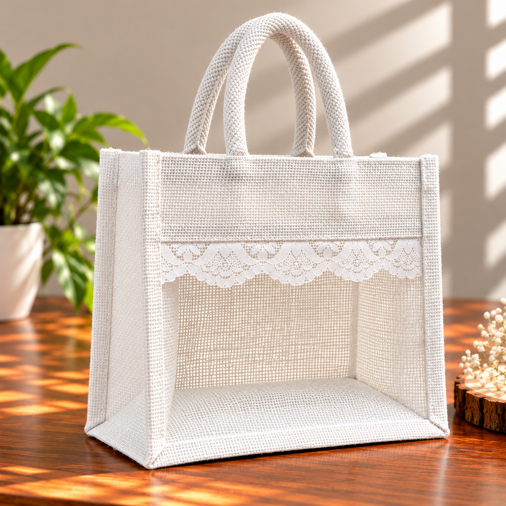White Jute Tote Bag with Elegant Lace Design / Set of 3