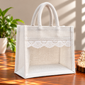 White Jute Tote Bag with Elegant Lace Design / Set of 3
