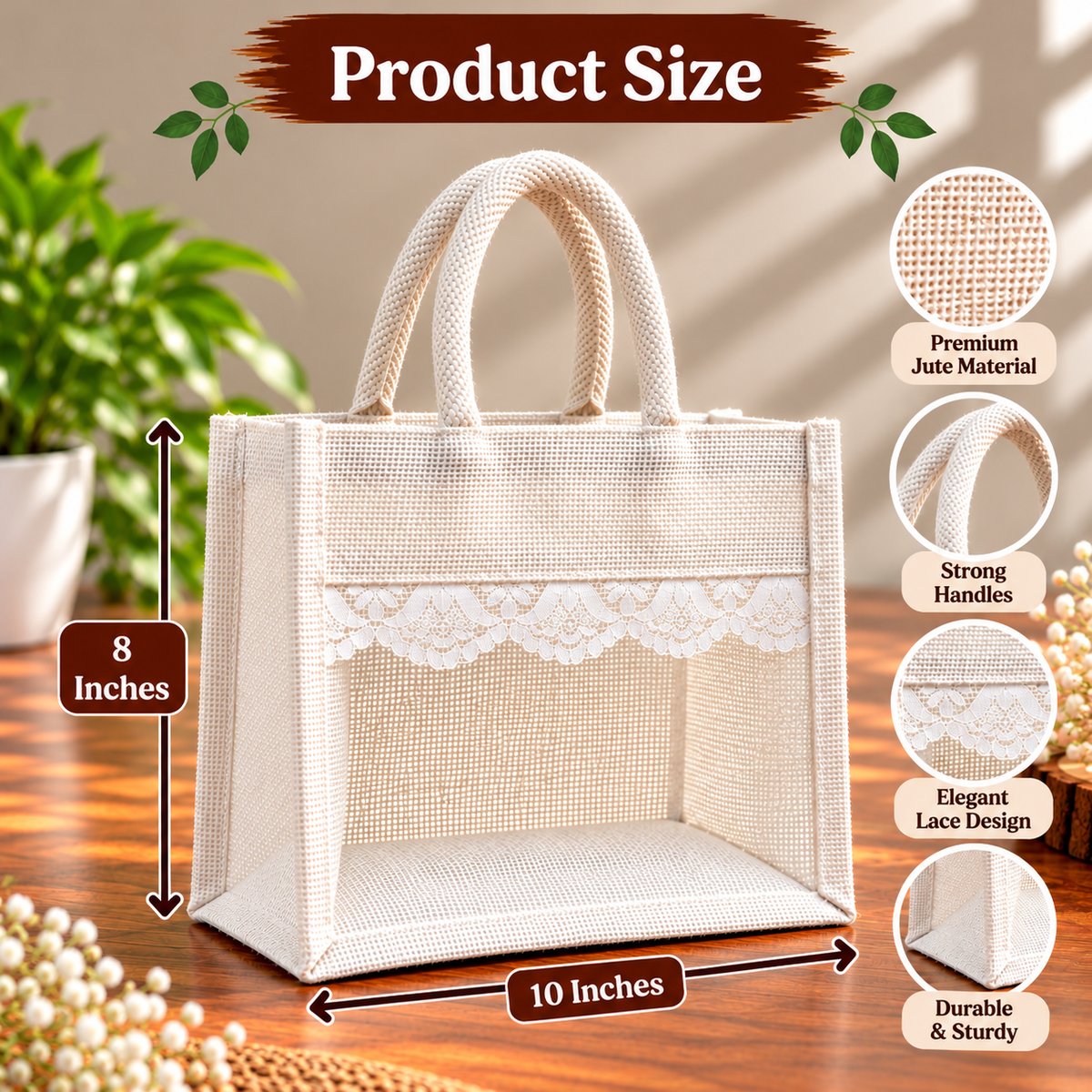 White Jute Tote Bag with Elegant Lace Design / Set of 3