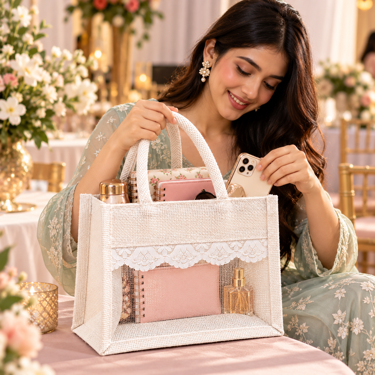 White Jute Tote Bag with Elegant Lace Design / Set of 3