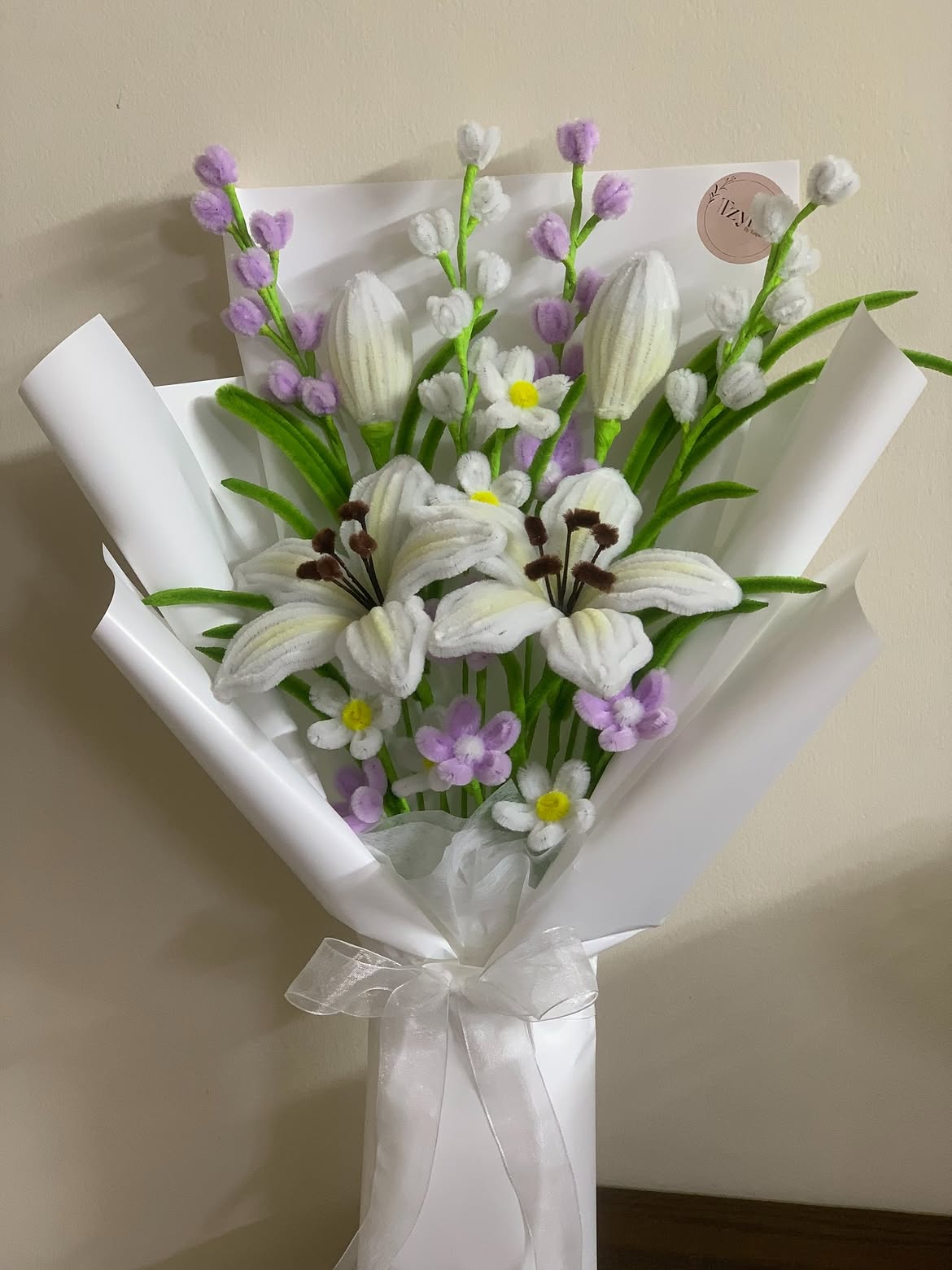 White Lily & Lavender Handmade Flower Bouquet