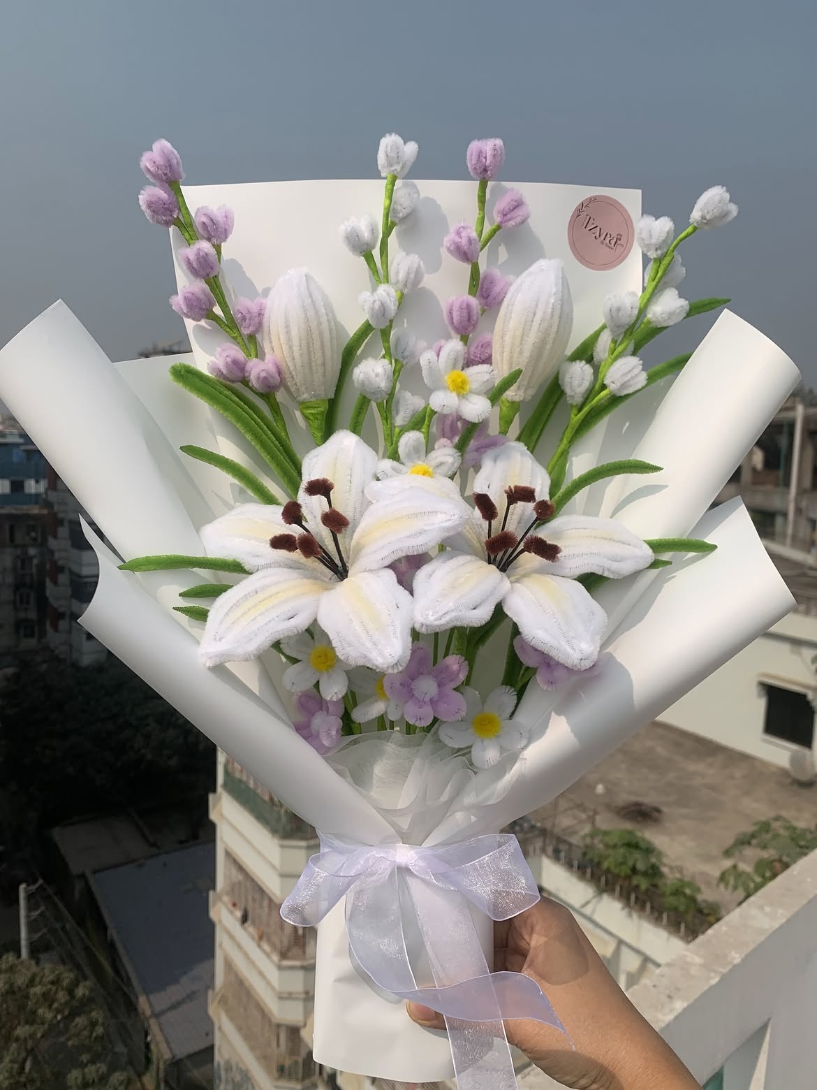 White Lily & Lavender Handmade Flower Bouquet