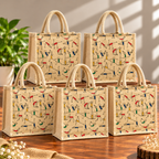 Yoga Print Jute Tote Bag with Colorful Fitness Figures