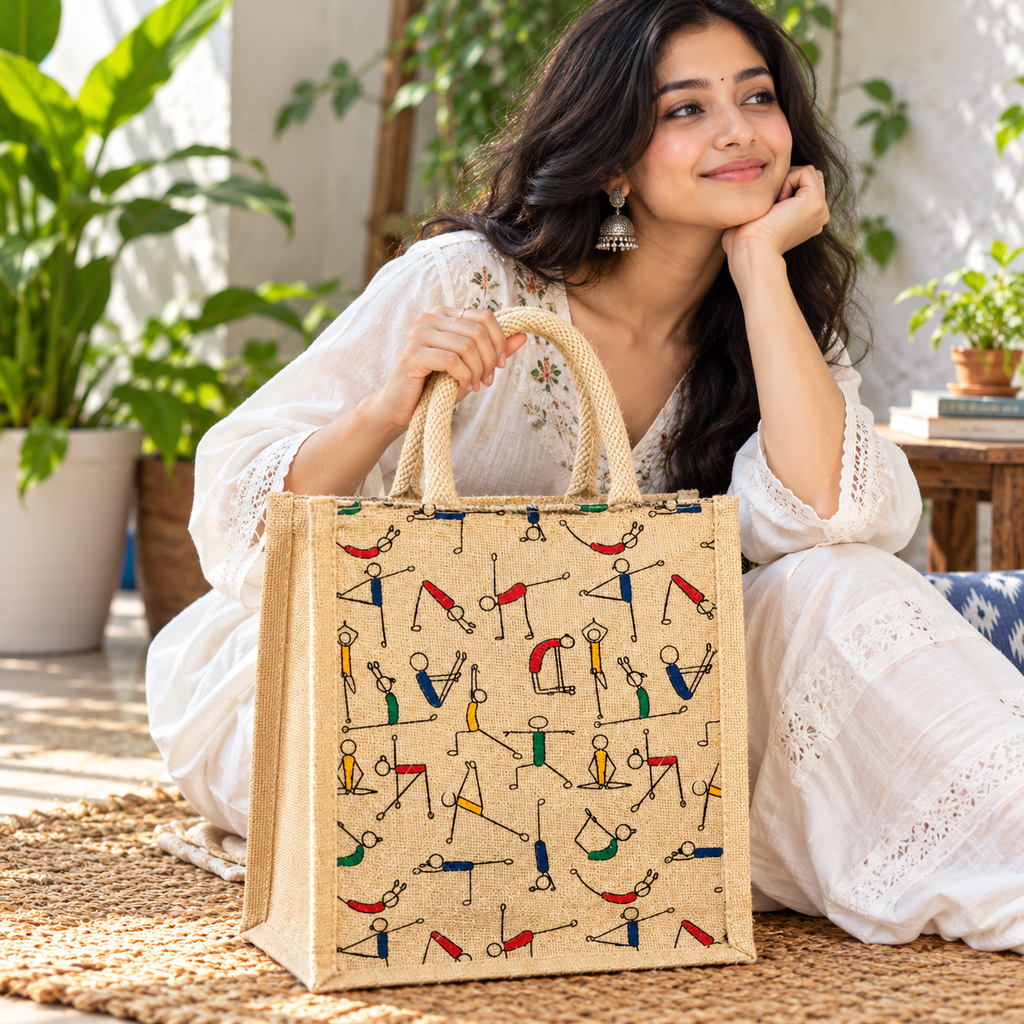Yoga Print Jute Tote Bag with Colorful Fitness Figures