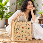 Yoga Print Jute Tote Bag with Colorful Fitness Figures
