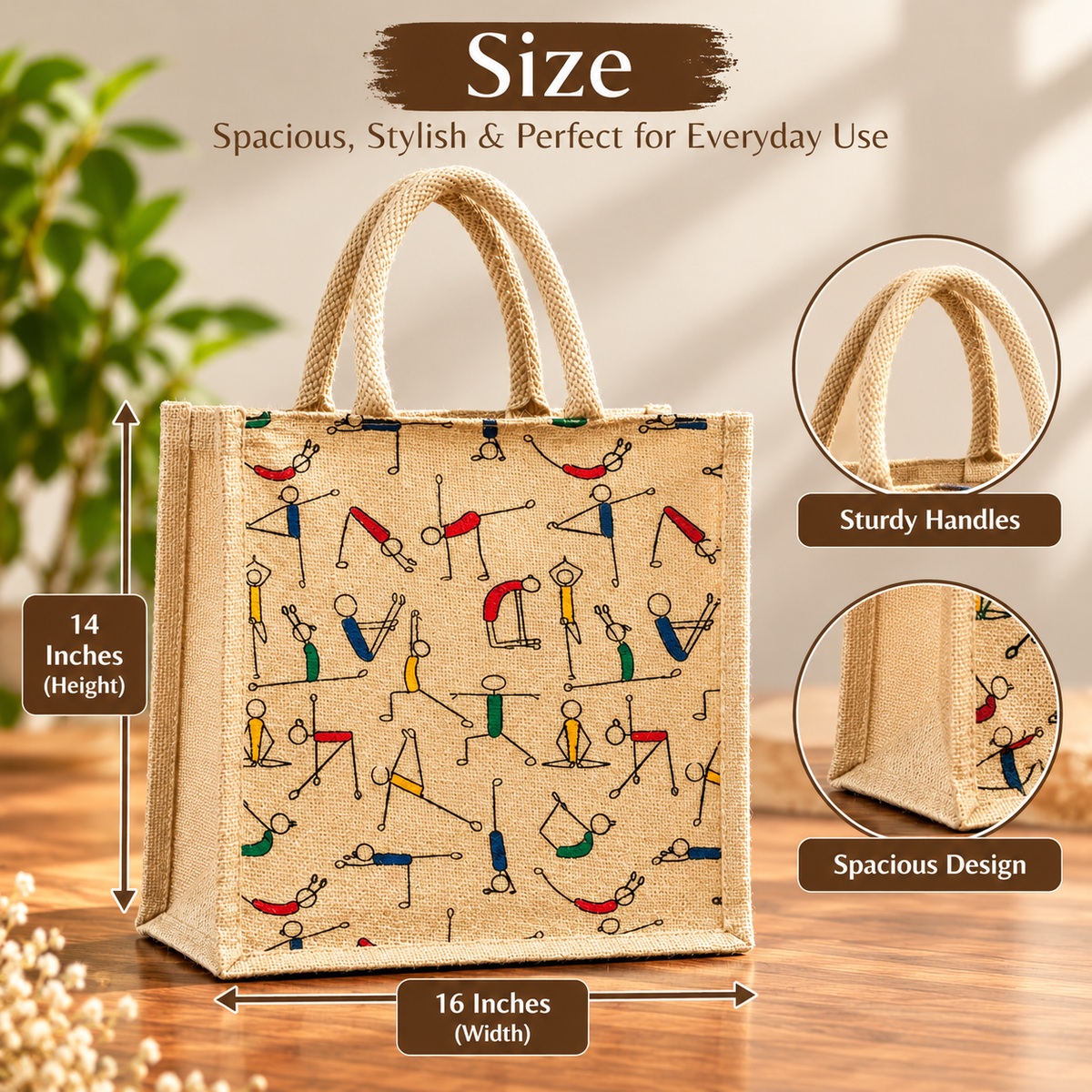 Yoga Print Jute Tote Bag with Colorful Fitness Figures