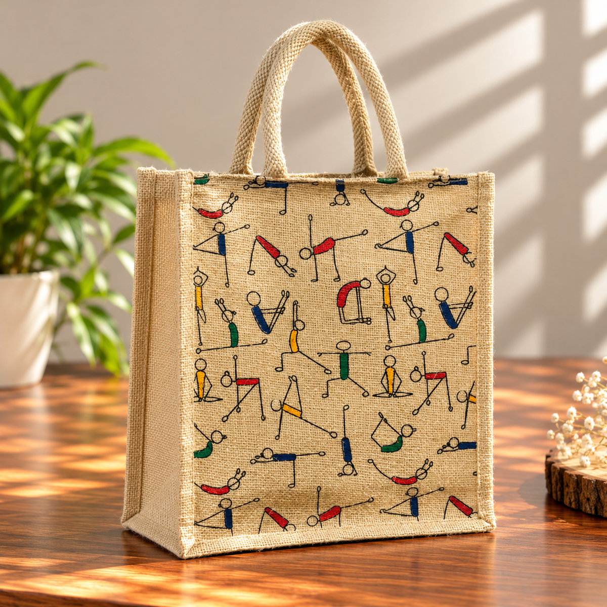Yoga Print Jute Tote Bag with Colorful Fitness Figures